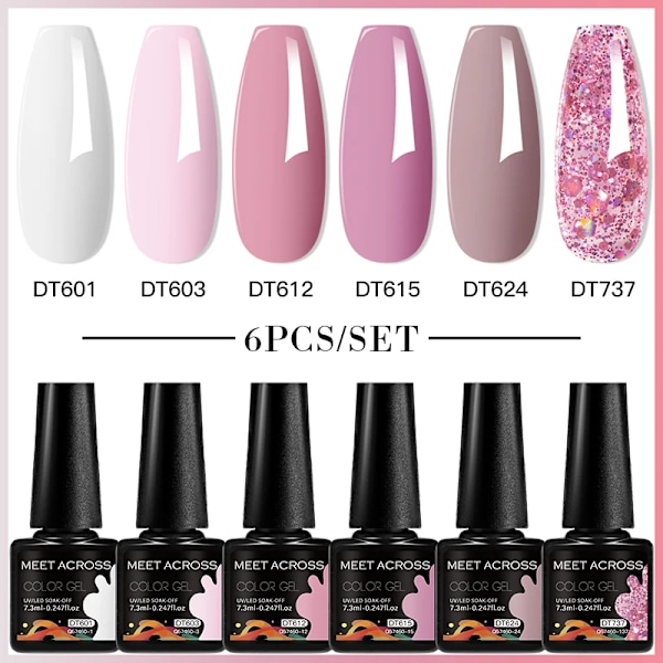 MEET ACROSS 6-pack Gel Nagellack Set Lila Blå Vår Sommar Allt För Dekoration UV Gel Vernis Långvarig Nagelkonst Manikyr ZH24117