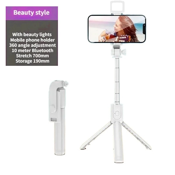 Utdragbart 3-i-1 Selfie Stick Stativ Med Avtagbar BT Trådlös Fjärrkontroll Kompatibel Med De Flesta Telefoner Lättvikts Stativ White (With Light)