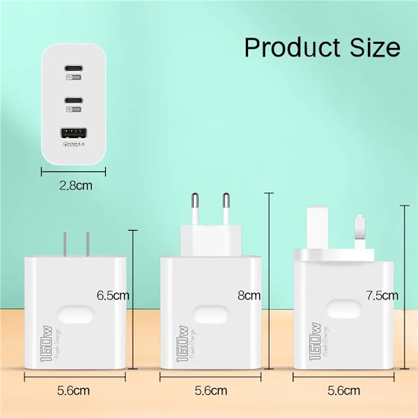 160W USB-laddare USB Typ C Snabbladdningsadapter Snabbladdning 3.0 PD Mobiltelefonladdare för iPhone Samsung Xiaomi Redmi OPPO RSA