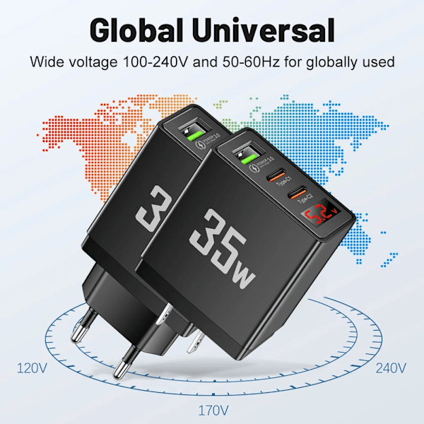 USB C Laddare 3 Portar PD Snabbladdning Digital Display Quick Charge 3.0 Telefon Väggadapter för iPhone 15 Xiaomi Samsung Huawei EU White