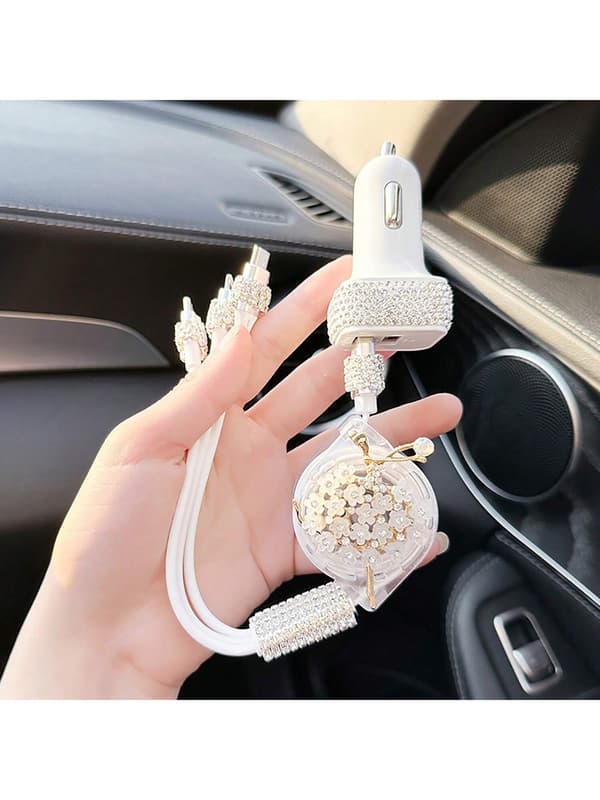 Diamant-Inlagd Billaddare, 3 I 1 Multi-Function Upprullbar Mobiltelefon Datakabel Med 3 Portar Elegant Ballet Data Cable