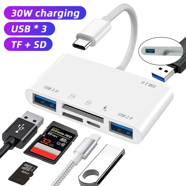 Lecteur de carte mémoire 6 en 1, adapter av typ C, TF SD, USB C, Macbook Huawei Samsung Xiaomi OTG förstärkare är Compact Flash 6 in 1