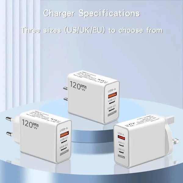 120W PD QC3.0 Snabbladdare 3 Portar USB-C Multi-Enhetsladdare Väggladdare för iPhone 15 16 Samsung Xiaomi Dropshipping EU Plug