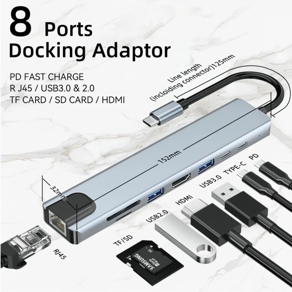 Airies USB 3.0 8 en 1 pour Macbook Lenovo Adaptateur för ordinateur bärbar PC Charge PD 8 portar Station S6 RJ45 HDMI-4K TF/SD Carte Type-C Splitt 4 In 1 Type-C B CHINA