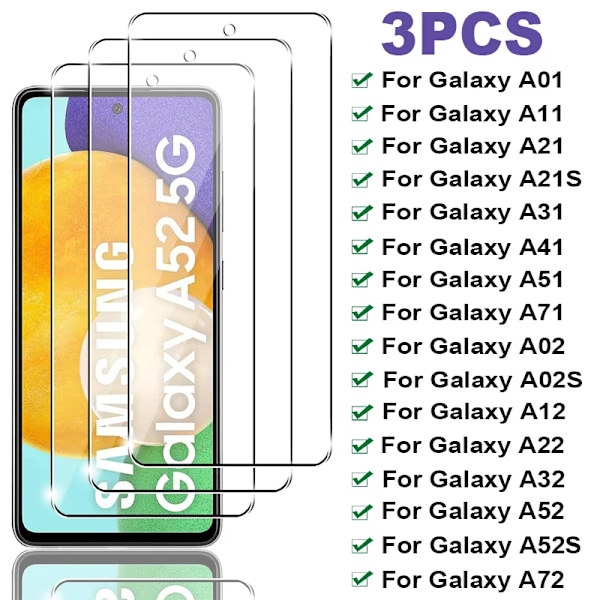 3 st Härdat Glas För Samsung Galaxy A52 A72 A02S A12 A22 A32 5G Skärmskydd För Samsung A51 A41 A31 A21 A21S A11 A01 A71 For A02 3PCS Glass