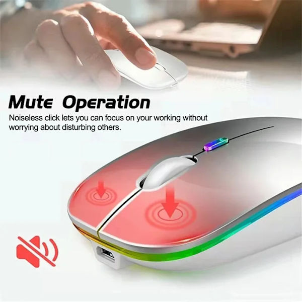Trådlös mus Bluetooth-kompatibel 2,4 GHz 1600 DPI USB uppladdningsbar RGB-ljus bärbar mus för bärbar dator PC Macbook-spel 2.4G BT Silver