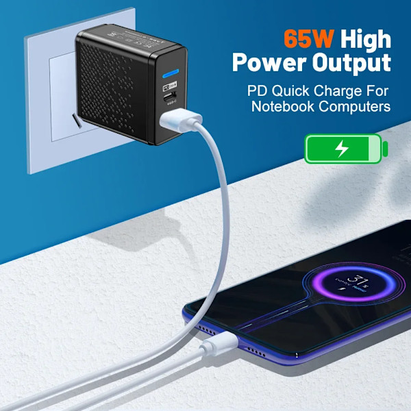 65W Snabbladdare Multi-Pluggar USB PD Mobiltelefon Snabbladdning Typ C Väggadapter för iPhone Mi Samsung US EU UK 2023 EU Black