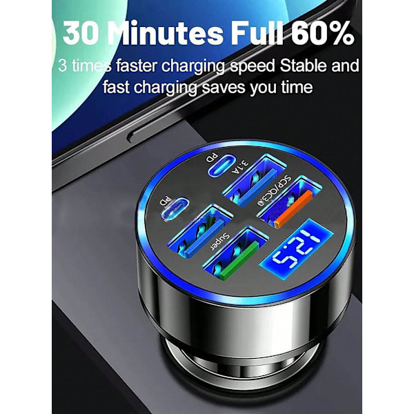 6 I 1 Billaddare Med Digital Display - Usb Och 2 Pd Portar, Qc3.0 Snabbladdning, Universal Adapter Kompatibel Med Iphone, Samsung, Android, Black