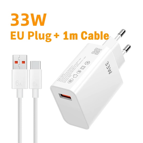 33W USB Snabbladdare Mobiltelefonladdare Snabbladdning 6A USB Typ C-kabel För Samsung Xiaomi Huawei QC 3.0 Snabbladdning EU Plug 1m Cable