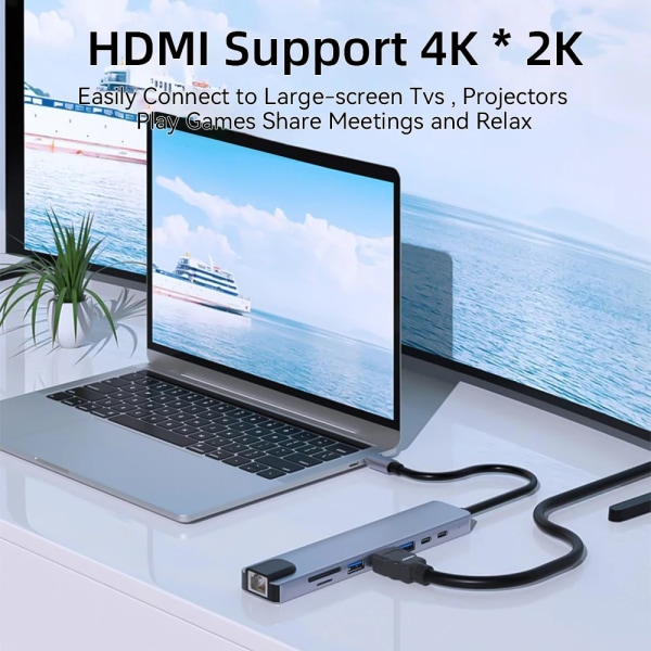Airies USB 3.0 8 en 1 pour Macbook Lenovo Adaptateur för ordinateur bärbar PC Charge PD 8 portar Station S6 RJ45 HDMI-4K TF/SD Carte Type-C Splitt 4 In 1 Type-C A CHINA
