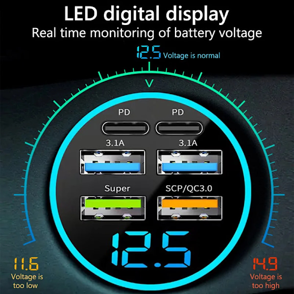 USB-C Typ C Bil Laddare 6 Portar USB Super Snabb Laddning Telefon Laddning Spänningsdetektering Digital Display Mobiltelefon Laddare black Universal
