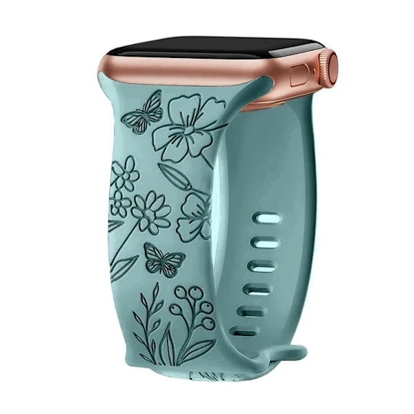 Graverat armband för Apple Watch-armband 46mm 44mm 42mm 41mm 40mm 45mm Ultra 49mm Blomsterarmband Iwatch Series 10 9 8 7 SE 6 5 4 3 Butterfly Green 42-44-45-49-S10-46mm
