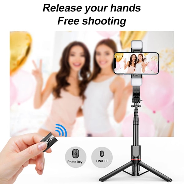 Uppgraderad Tripod Selfie Stick med 2 Fyllnadsljus 1130mm Telefonstativ med Fjärrkontroll för Android IOS Smartphone S03 No Light