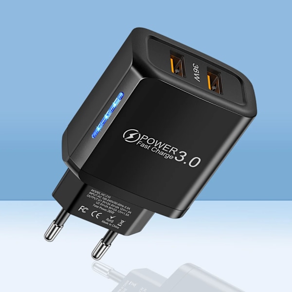 2 Portar 36W USB Mobiltelefonladdare Quick 3.0 Snabbladdning För iPhone Xiaomi Samsung Huawei EU Black