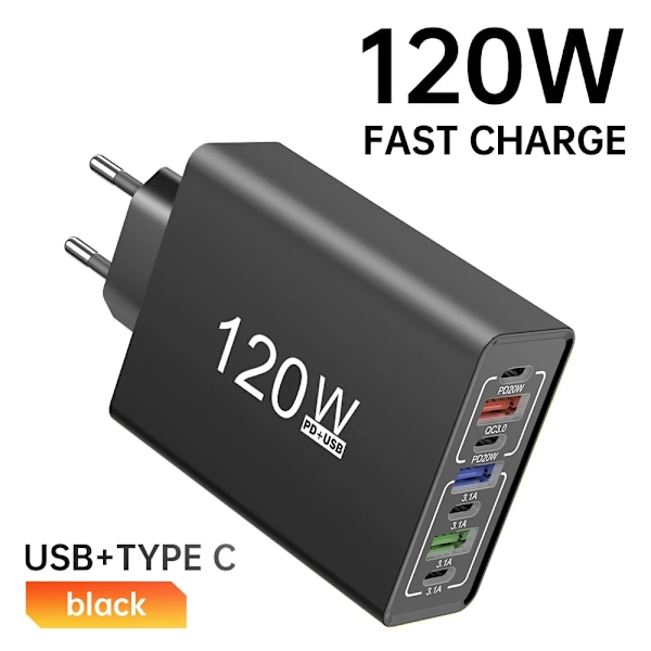 USB C Laddare Totalt 120W Multiportar Snabbladdning Telefon Strömladdare För iPhone Samsung Xiaomi Huawei EU US Väggladdare EU Black