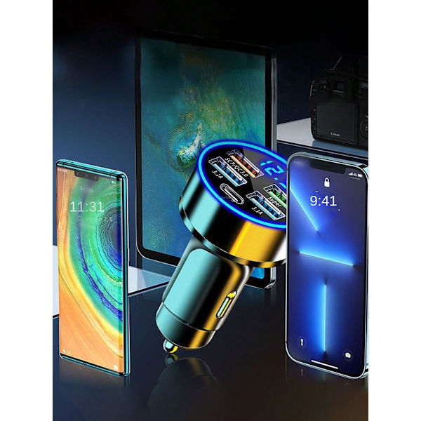 6 I 1 Billaddare Med Digital Display - Usb Och 2 Pd Portar, Qc3.0 Snabbladdning, Universal Adapter Kompatibel Med Iphone, Samsung, Android, Black