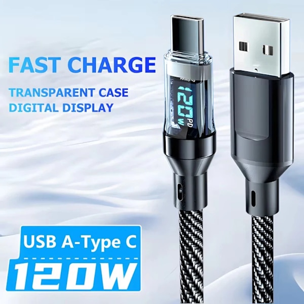 Ny 120W 6A Snabbladdningskabel USB Typ C-kabel För Samsung Xiaomi Med LED Digital Display Telefon Datakabel Laddartillbehör USB Cable 2m