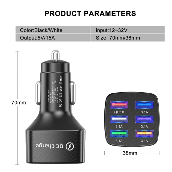 75W 6-portars billaddare Snabbladdning 3.0 15A USB -laddare för iPhone 1411 Pro Samsung Xiaomi Huawei Mobiltelefonladdare