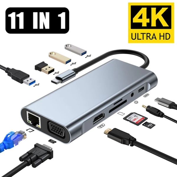 Airies USB Type-C mot HDMI, kompatibel RJ45, 11 portar S6 avec PD, TF, SD, AUX, Splitter 3.0, MacPleAir Pro, PC HUB 11 In 1 Type-C