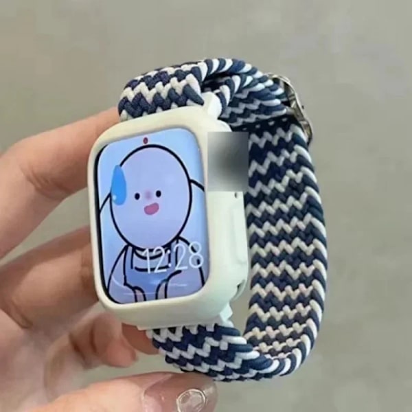 Koreanska Söt Braied Rem Case För Apple Watch Band 49Mm 41Mm 45 44 38 42 Nylon Armband För Iwatch Serie 9 8 7 6 5 4 3 Se 40 W Blue White Texture For Series456SE 40MM