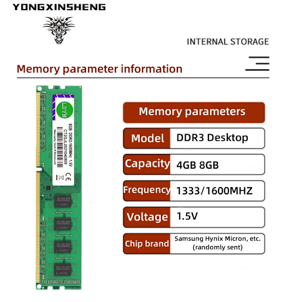 Yongxinsheng 4GB 8GB 16GB DDR3 RAM DDR3 1333 1600MHz skrivbordsminne PC3-12800 Non-ECC 1.5V 204Pin DIMM obuffrad 2X4G1600-PC3-ALL