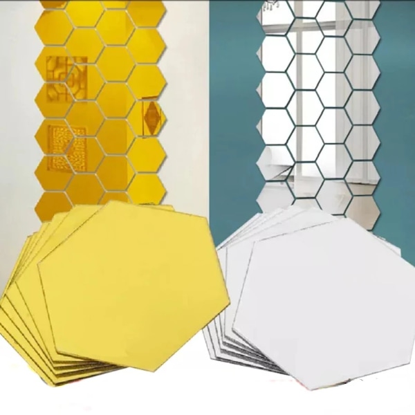 24/6 st 3D-spegel väggdekal hexagon akryl självhäftande mosaik kakel dekaler Avtagbar väggdekal Gör-det-själv Heminredning Konstspegel Silver-24pcs S-80x70x40mm