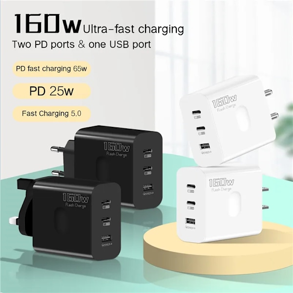 160W USB-laddare USB Typ C Snabbladdningsadapter Snabbladdning 3.0 PD Mobiltelefonladdare för iPhone Samsung Xiaomi Redmi OPPO Only EU Plug
