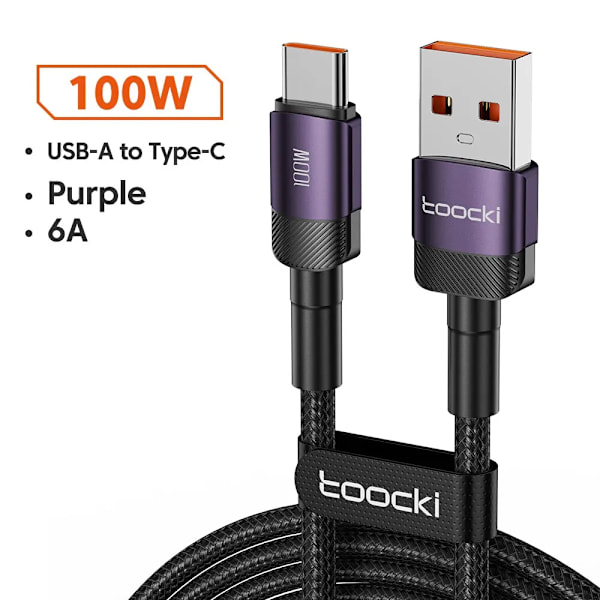 Toocki USB Typ C Kabel Snabbladdning USB C Laddningskabel För iPhone 15 14 13 12 11 Huawei P40 P30 Realme Oppo Oneplus 1m 2m USB A to C Purple 2m