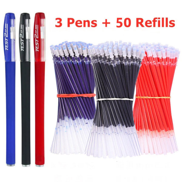 3 Gelpennor + 50 Refill Set 0,38 mm Svart Blå Röd Bläck Bulk Pennor Tunn Spets Journal Skrivande Skolmaterial Brevpapper Partihandel Blue Set