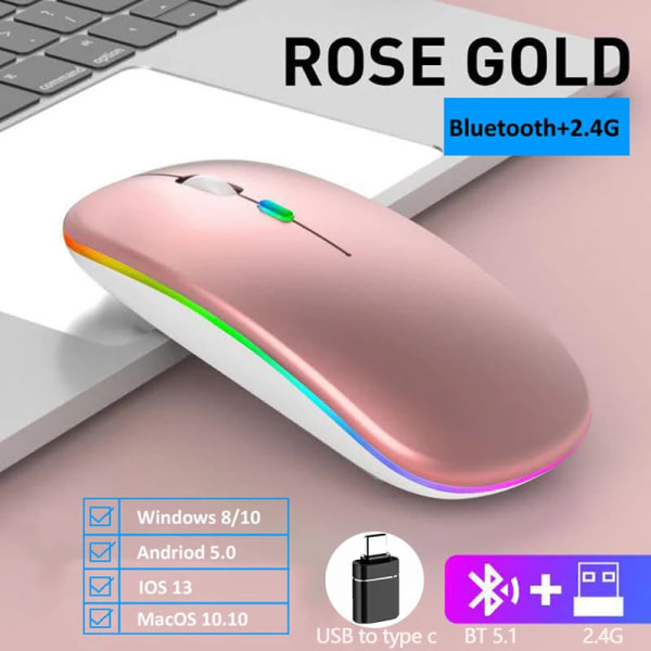 2,4G trådlös mus, tyst Bluetooth-kompatibla möss Bärbar mobil optisk kontorsmaus, för PC Laptop MacBook Gaming Mouse Dual mode-Rose