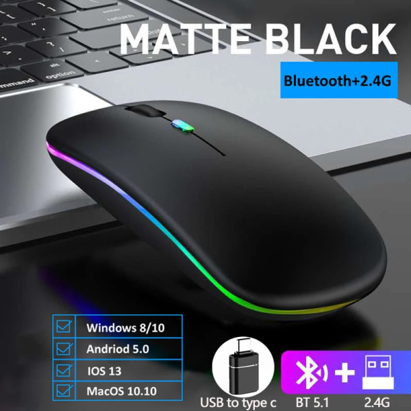 2,4G trådlös mus, tyst Bluetooth-kompatibla möss Bärbar mobil optisk kontorsmaus, för PC Laptop MacBook Gaming Mouse Dual mode-Black