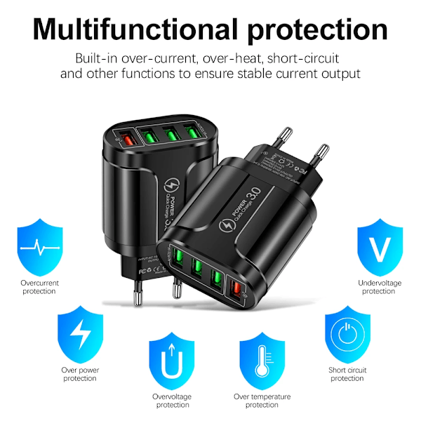 4 45W Laddare Snabbladdning QC 3.0 Laddning För iPhone 15 14 Samsung Xiaomi Mobil 4 Portar EU US Adapter Resa EU Charger