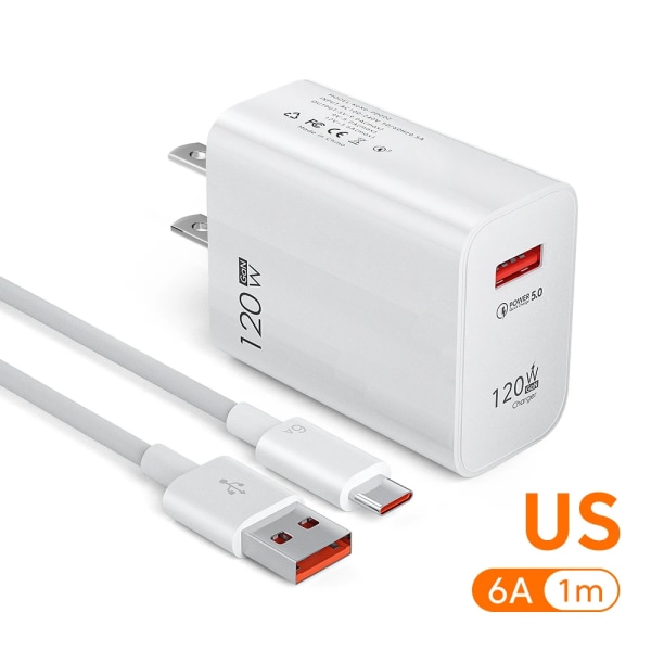 USB kabel av typ C laddas snabbt, bärbar telefonladdare för iPhone Huawei Samsung Xiaomi, QC3.0 US-White-6A