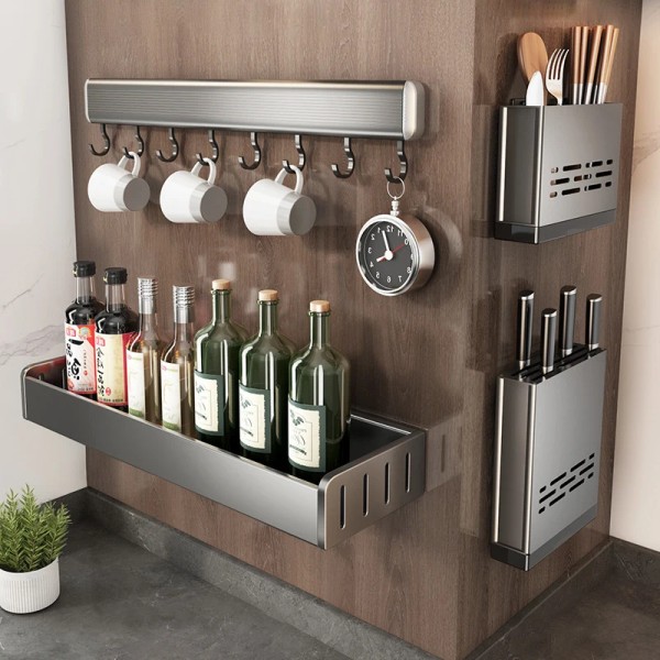 Väggmonterade kökssmaktillbehör Kryddställ Organizer Hylla Kök Förvaring Vägghylla Organizers Hängande krokställ för kök 40cm Grey Shelf