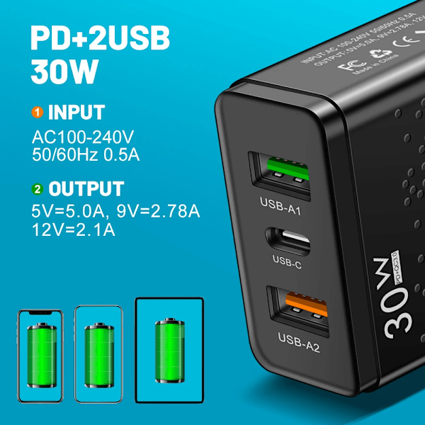 30W USB C Laddare Snabbladdning PD Snabbladdare 3.0 Väggladdare För Telefonadapter För iPhone 15 Xiaomi 13 POCO Samsung Oneplus Black EU Plug