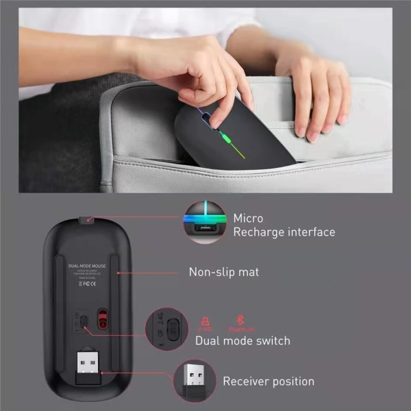 2,4G trådlös mus, tyst Bluetooth-kompatibla möss Bärbar mobil optisk kontorsmaus, för PC Laptop MacBook Gaming Mouse Dual mode-Black