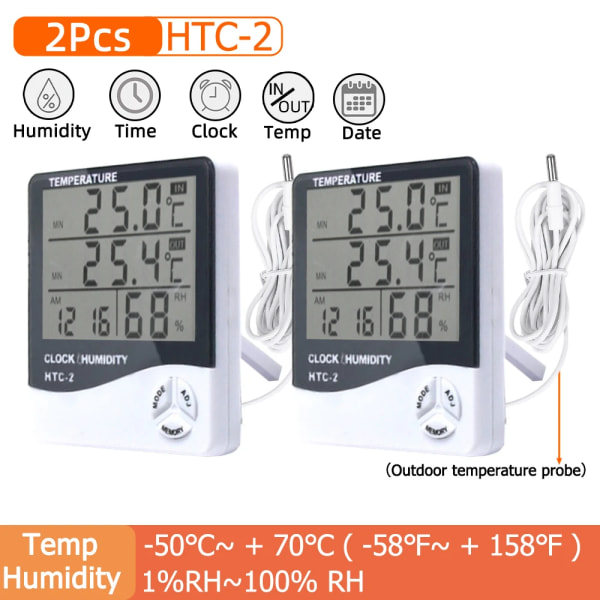 HTC-1 HTC-2 LCD Elektronisk Digital Temperatur Luftfuktighetsmätare Hem Termometer Hygrometer Inomhus Utomhus Väderstation Klocka 2 Pcs HTC-2 Outdoor