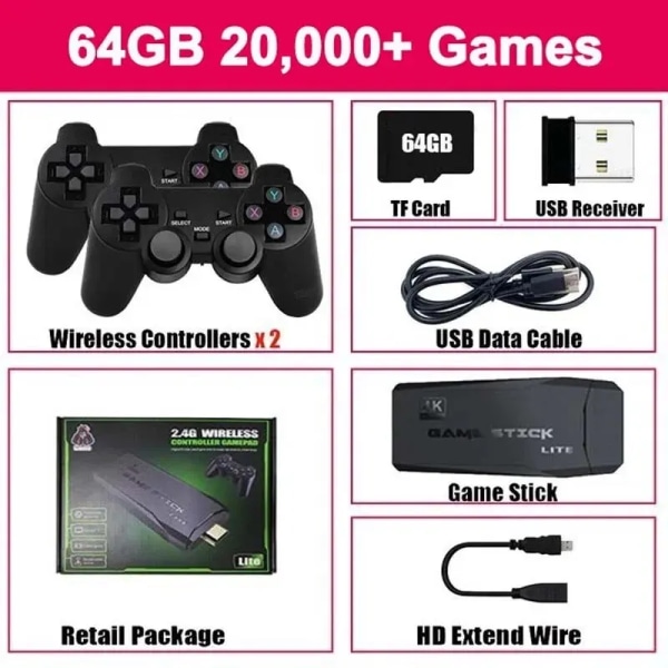 Videospelskonsol Inbyggd 20000-spel trådlös handkontroll TV Game Stick 4K HD Retro Mini Handheld Game Player 64G