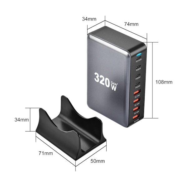 320W GaN Laddare USB C Snabb Desktop 8-ports USB Typ C PD Laddare Snabbladdning 3.0 USB Typ C Snabb Laddare för iPhone15 14 Samsung