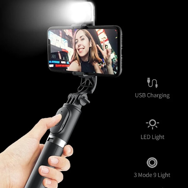 Portabelt stativ för telefon Selfie Stick med LED-fyllningsljus Utdragbart telefonstativ för Tiktok Video Live Bluetooth Fjärrkontroll Q02 White