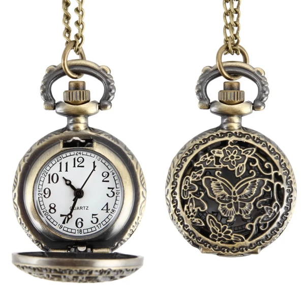 Vintage ficka liten watch Steampunk kvarts watch med kedja ihåligt cover Halsband brons färg legering fob klocka män gåva Magpie