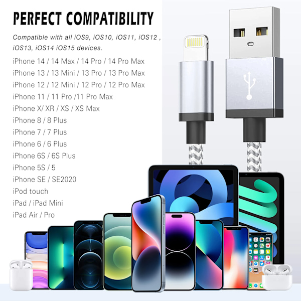 2-pack Ultralång Snabb Laddning USB-kabel för iPhone 14 8 7 Plus 13 12 11 Pro Max XS XR 3A USB Laddare Datakabel Flätad Kabel 2PCS 3m