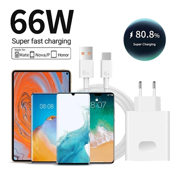 6A 66W Supersnabb EU Väggladdare för Huawei Mate 40 50 60 P50 Nova 8 9 10 Honor 90 100 X7 X8 X9 Magic Typ C Laddnings-USB-kabel EU Plug - 1m Cable