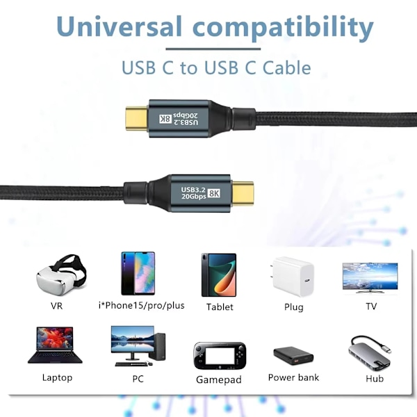 NNBILI PD100W USB3.2 Gen2 20Gbps 8K@60Hz Thunderbolt3 USB-C till C Kabel 5A Snabbladdning för iPhone 15 Pro Max MacBook PC Laptop black 2m