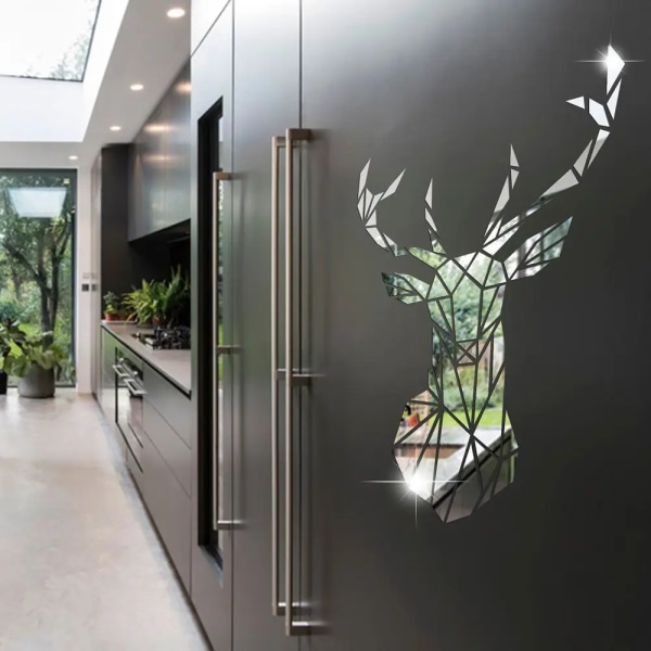 Flera storlekar 3D Deer Head Stickers Spegel Ytdekaler DIY självhäftande väggkonst Spegeldekaler Heminredning Väggmålning Present silver M (57x35CM)