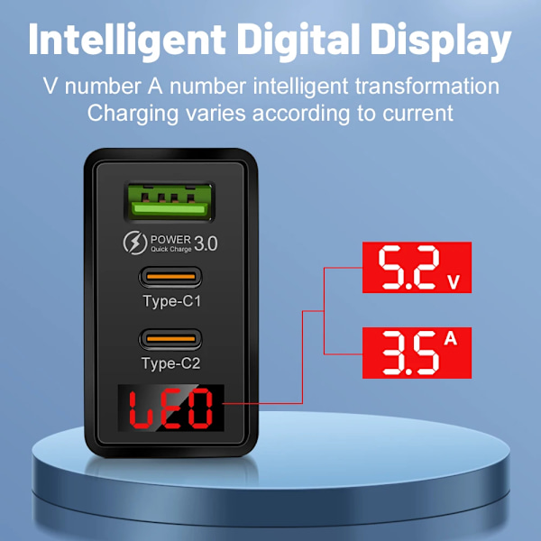 USB C Laddare 3 Portar PD Snabbladdning Digital Display Quick Charge 3.0 Telefon Väggadapter för iPhone 15 Xiaomi Samsung Huawei EU White