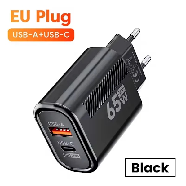 65W GaN USB C PD Laddare Snabbladdning Typ C Mobiltelefonladdare Adapter Snabbladdare 3.0 För iPhone 15 Samsung Xiaomi Huawei Black EU