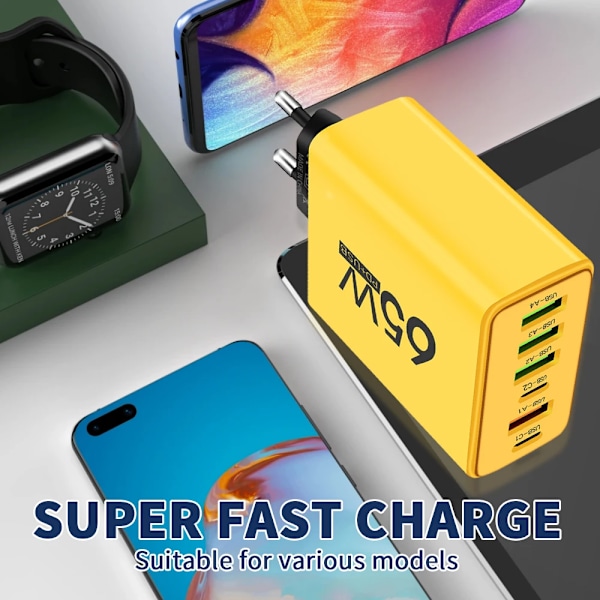 PD 65W USB-laddare Snabbladdare 6 Portar Typ C Mobilladdare För Iphone 16 15 Pro Max Xiaomi Huawei Samsung Snabbladdare Black EU