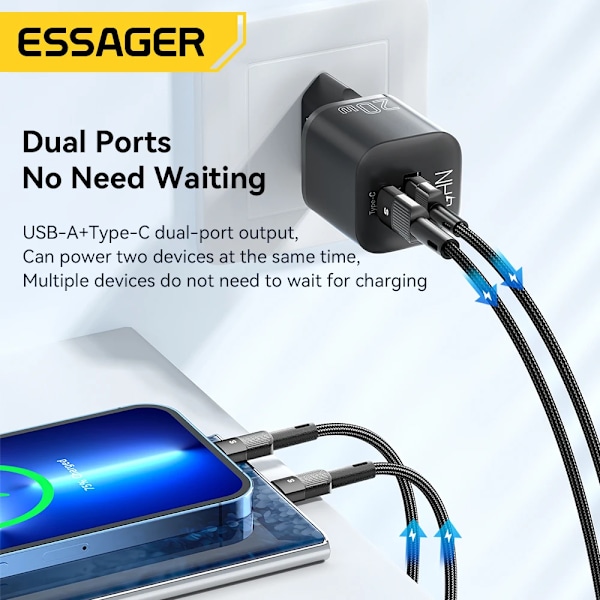 Essager 20W GaN PD USB C Laddare för iPhone 14 13 12 11 Pro Max Telefon QC 3.0 PD 3.0 USB Typ C Snabbladdning för Xiaomi Poco iPad EU Black 01