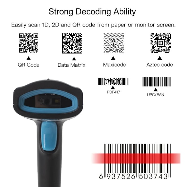 CMOS Bild 1D 2D Trådlös Streckkodsläsare Bluetooth Högprecision Handhållen Automatisk Streckkodsläsare För Lagerhantering U2W Wireless 2D